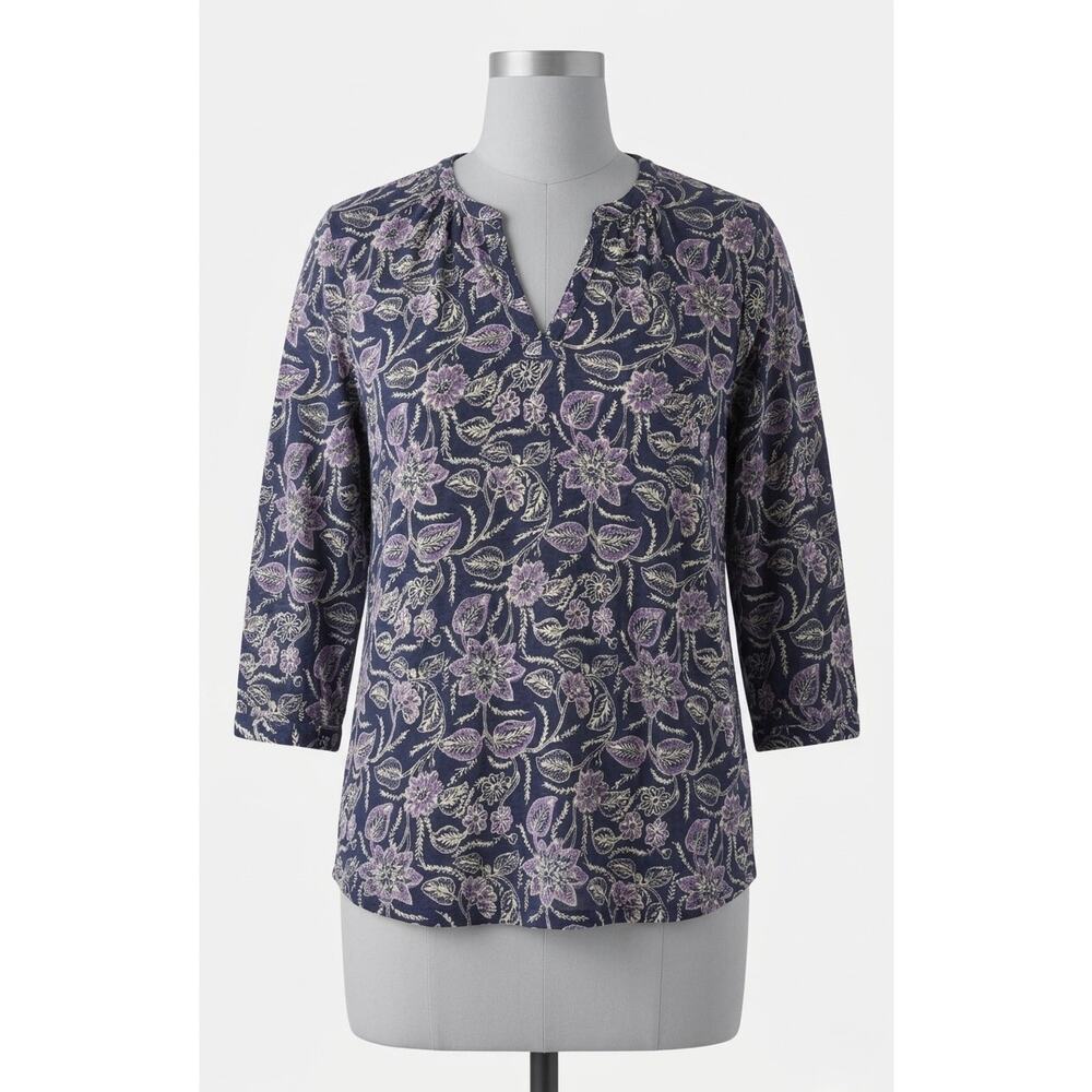 Lucky Brand Floral V-Neck Top Navy Purple Boho 3/4 Sleeve Plus Size 2X